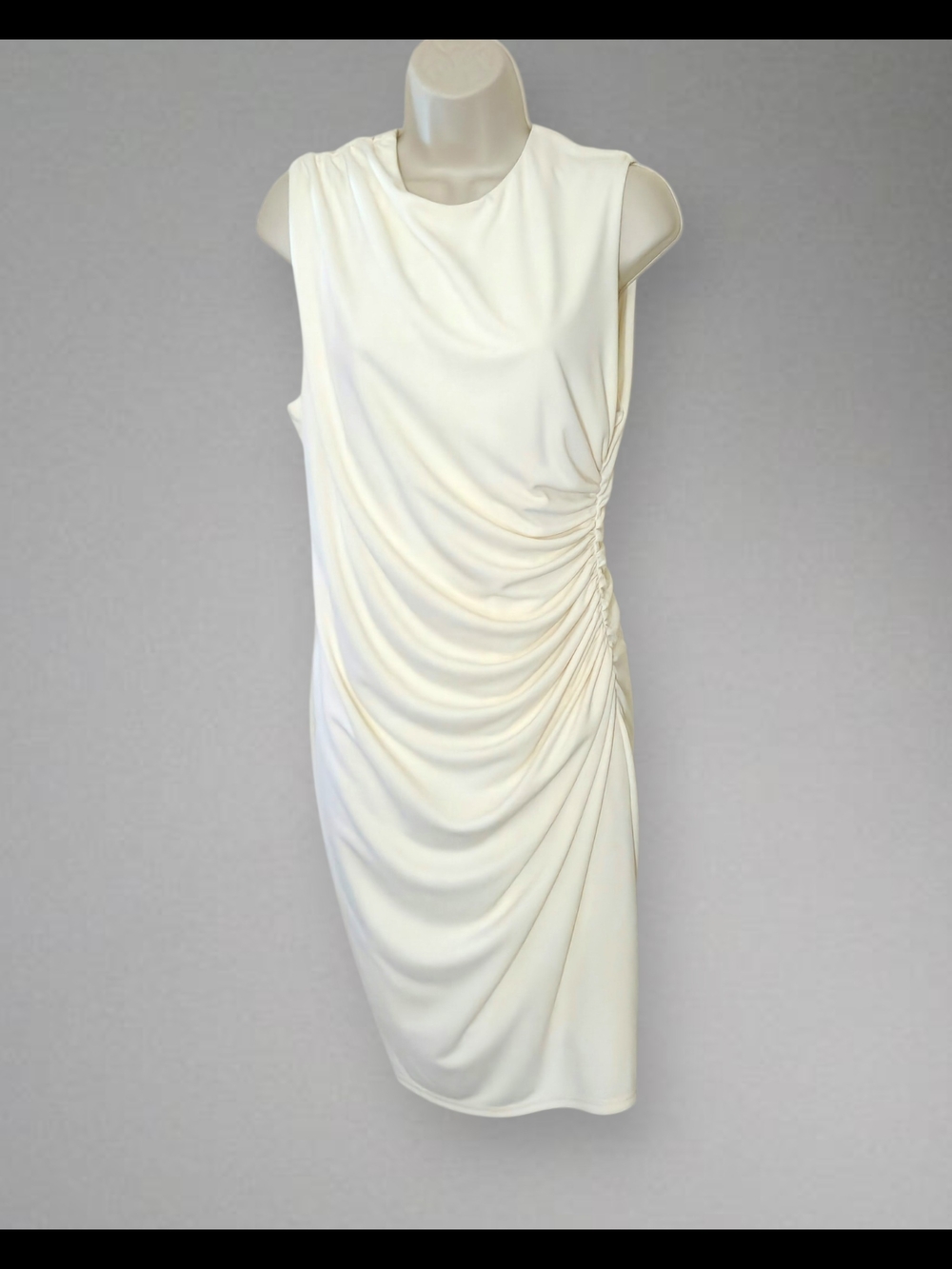 Zara Womens Cream Draped Midi Dress with Side Ruching Size XL - Picture 2 of 9